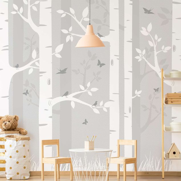 Papel pared paisaje Birch Forest With Butterflies And Birds