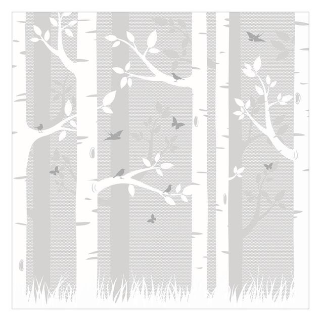 Papel pared gris Birch Forest With Butterflies And Birds