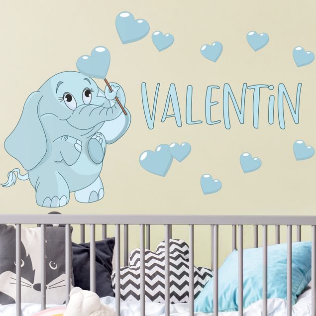 Decoración habitacion bebé Blue baby elephant with many hearts