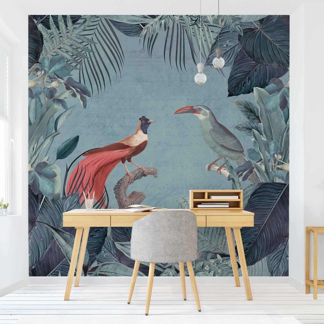 Papel pared flores Blue Gray Paradise With Tropical Birds