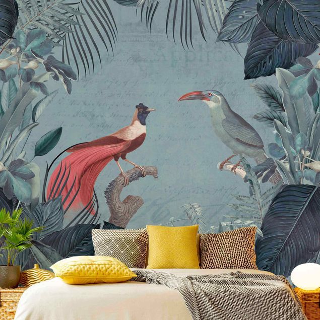 Papel pintado salón moderno Blue Gray Paradise With Tropical Birds