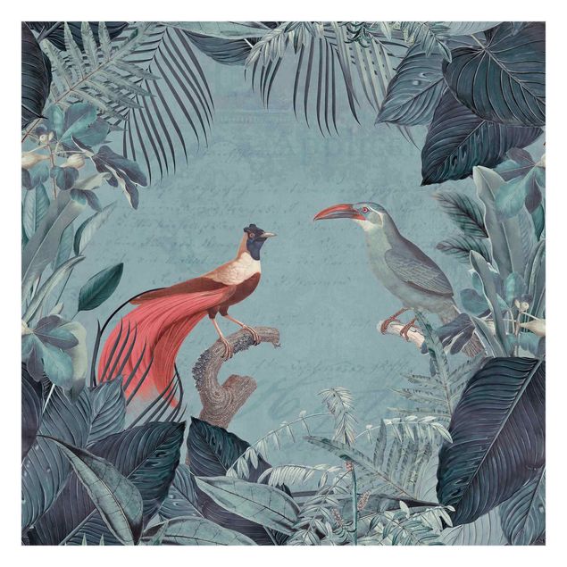 Papel pared azul Blue Gray Paradise With Tropical Birds