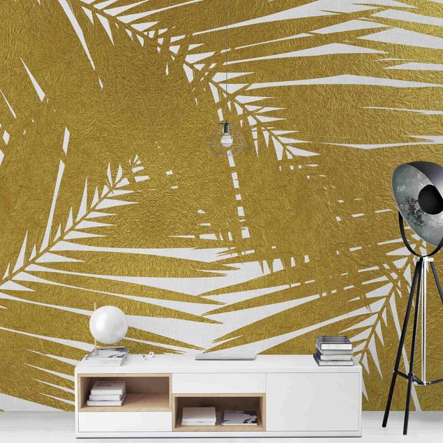 Papel pared dorado View Through Golden Palm Leaves