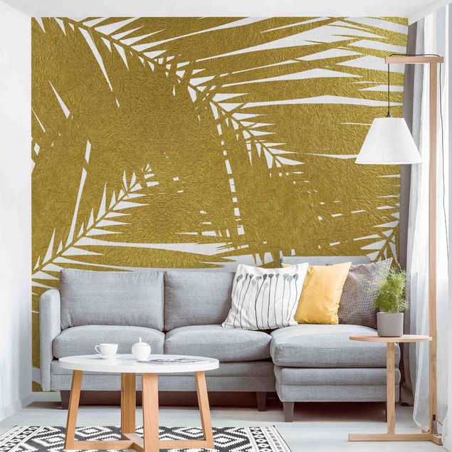 Papel pintado salón moderno View Through Golden Palm Leaves