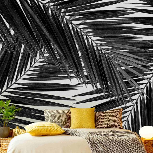Papel pared flores View Through Palm Leaves Black And White