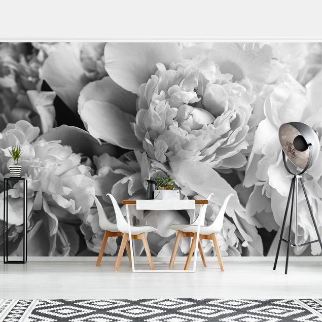 Papel pintado flores Blossoming Peonies Black And White