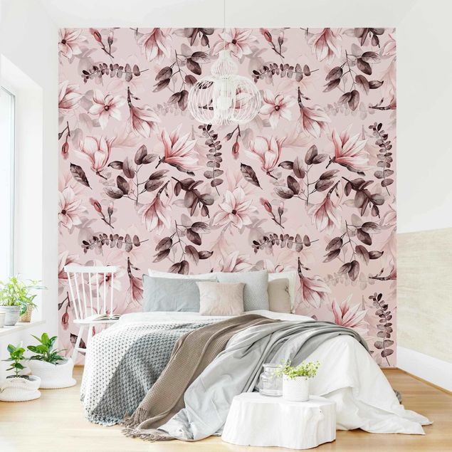 Papel pintado floral Blossoms With Gray Leaves In Front Of Pink