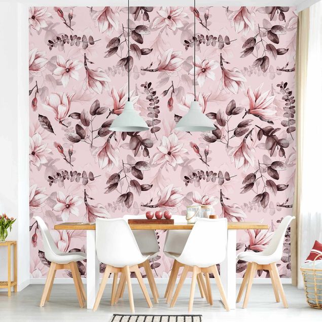 Papel pintado con patrones Blossoms With Gray Leaves In Front Of Pink
