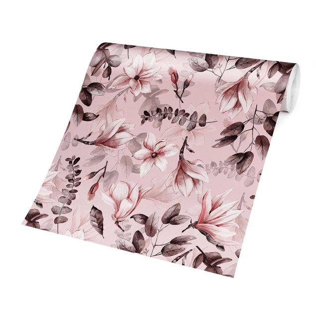 Papel pintado moderno Blossoms With Gray Leaves In Front Of Pink