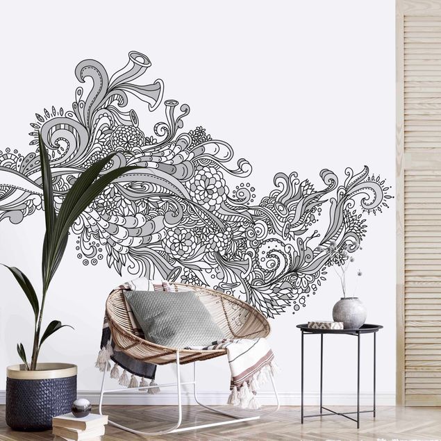 Papel pintado paisley Floral Wave Black And White