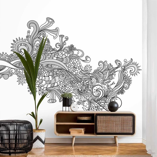Papel pintado con patrones Floral Wave Black And White