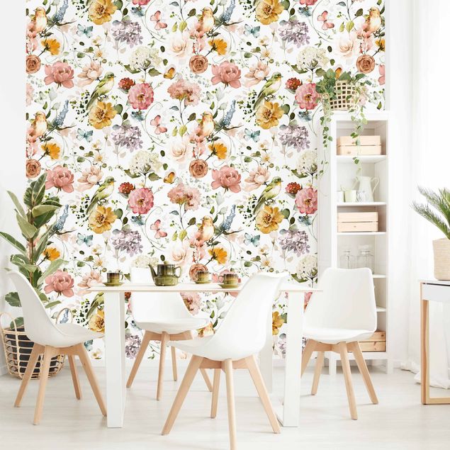 Papel pared flores Flowers and Birds Watercolour Pattern