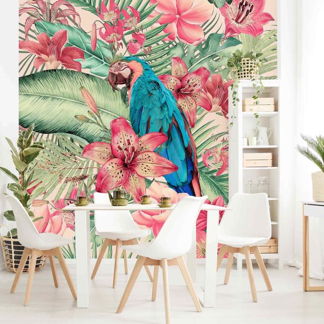 Papel pintado salón moderno Floral Paradise Tropical Parrot
