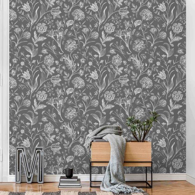 Papel pared flores Flower Dance On Gray