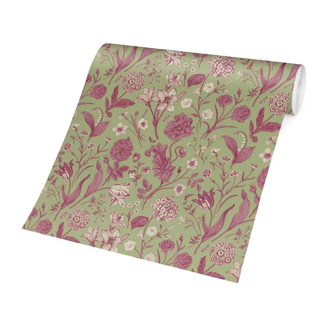 Papel pintado rosa Flower Dance In Mint Green And Pink Pastel
