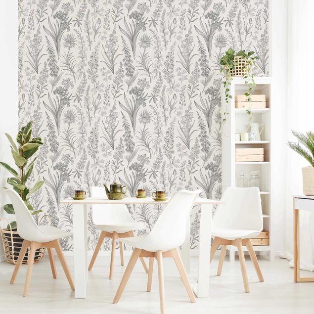 Papel pared flores Flower Waves In Gray