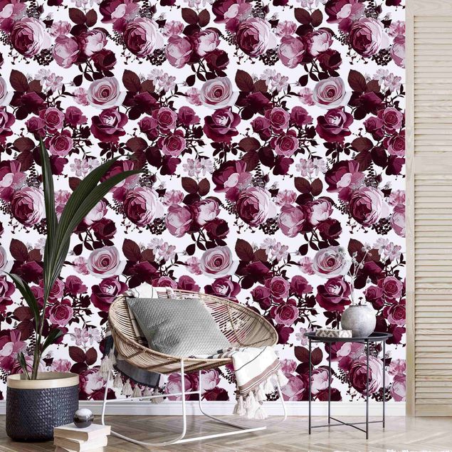 Papel pintado floral Bordeaux Roses With Brown Leaves