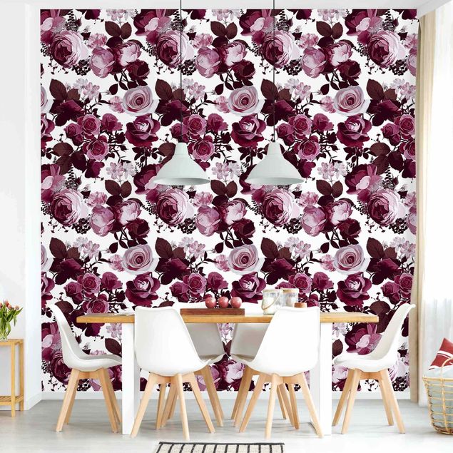 Papel pintado con patrones Bordeaux Roses With Brown Leaves