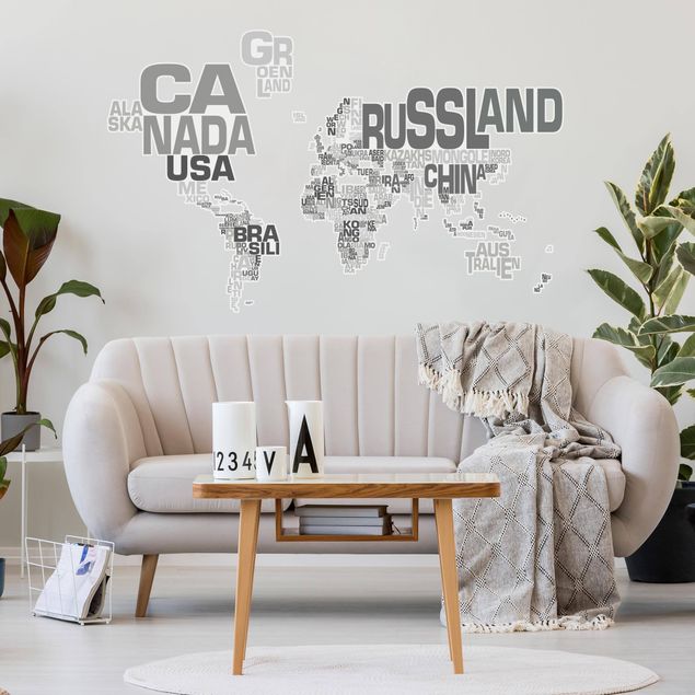 Vinilo pared frase Letters world map gray