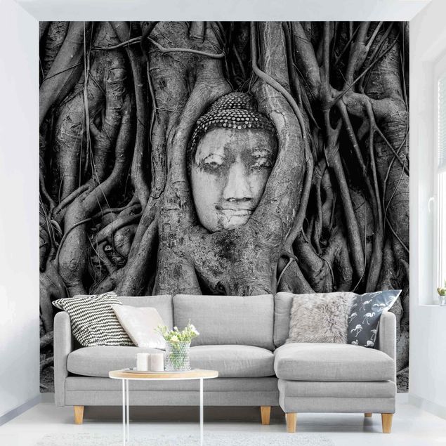 Decoración en la cocina Buddha In Ayutthaya Lined From Tree Roots In Black And White