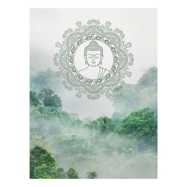 Cuadros de cristal arquitectura y skyline Buddha Mandala In Fog