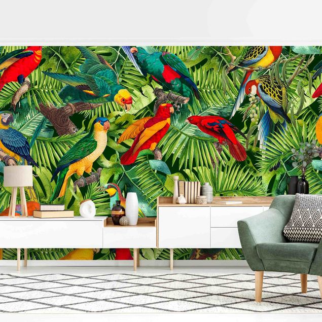 Papel pintado aves Colourful Collage - Parrots In The Jungle