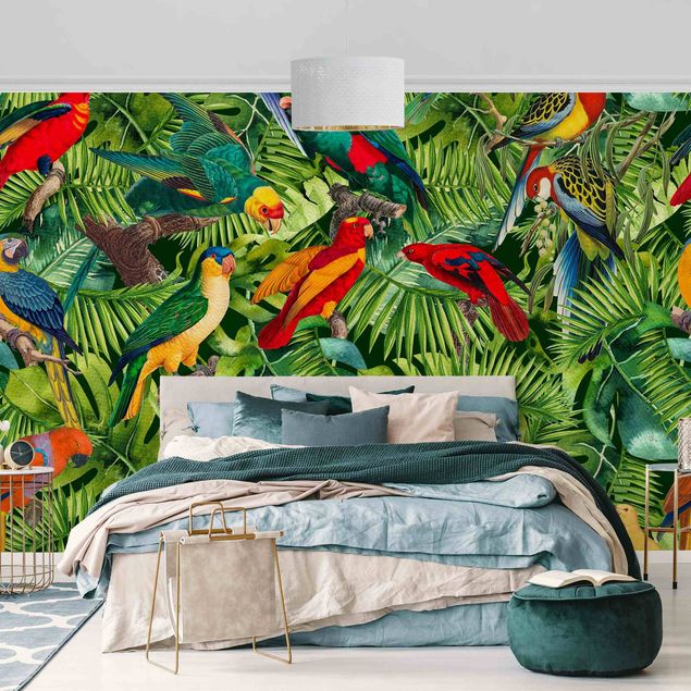 Papel pintado floral Colourful Collage - Parrots In The Jungle