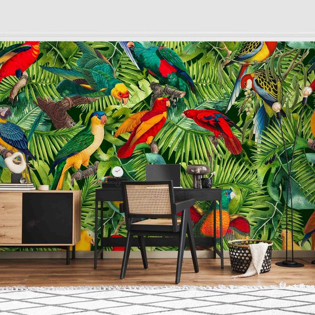 Papel pintado moderno Colourful Collage - Parrots In The Jungle
