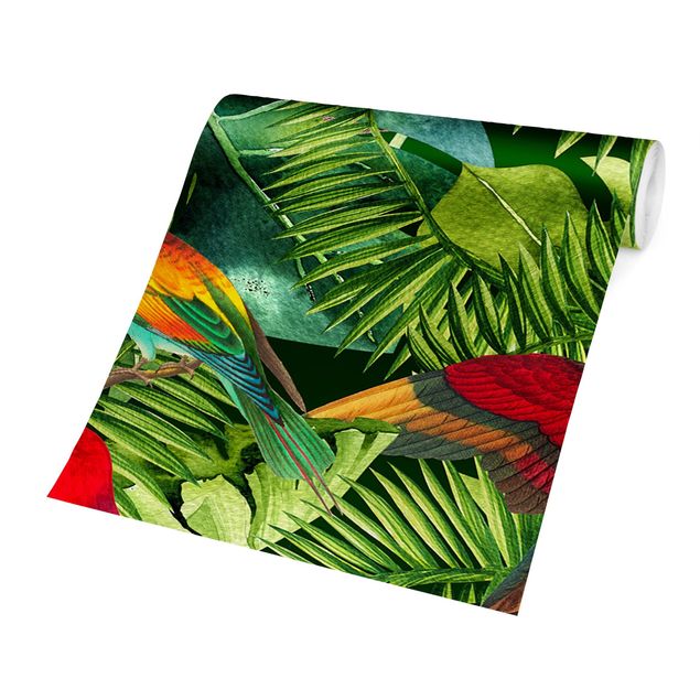 Papel pintado animales Colourful Collage - Parrots In The Jungle