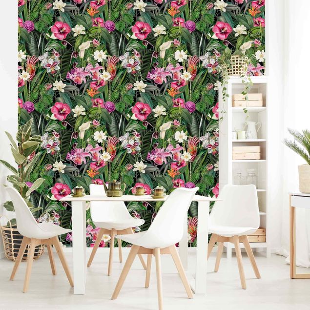 Papel pintado salón moderno Colourful Tropical Flowers Collage