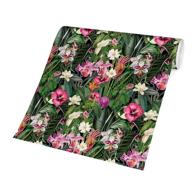 Papel pared verde Colourful Tropical Flowers Collage