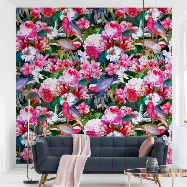 Papel pintado flores Colourful Tropical Flowers With Birds Pink