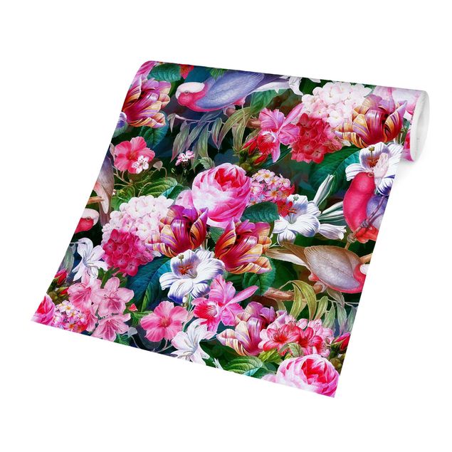 Papel pintado con patrones Colourful Tropical Flowers With Birds Pink