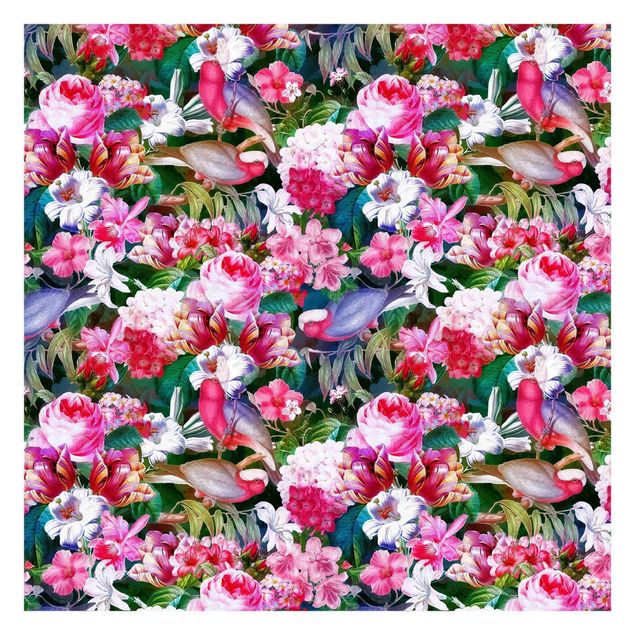 Papeles pintados modernos Colourful Tropical Flowers With Birds Pink