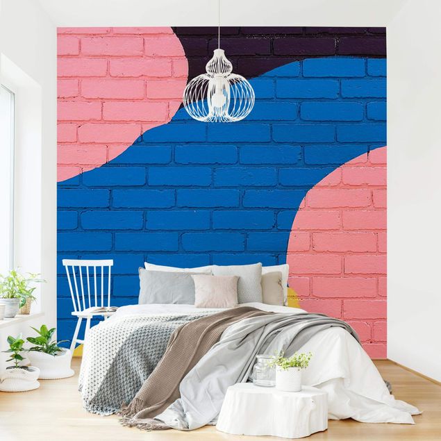Papel pintado efecto piedra Colourful Brick Wall In Blue And Pink