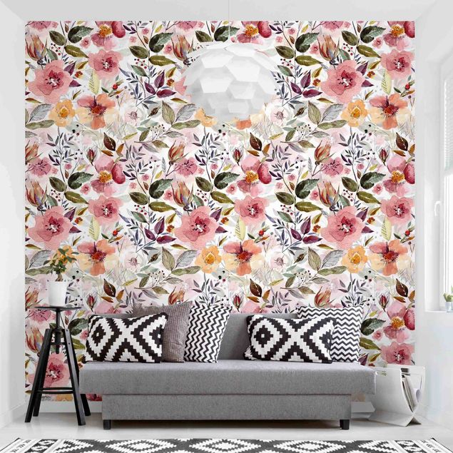 Papel pared flores Colourful Flower Mix With Watercolour