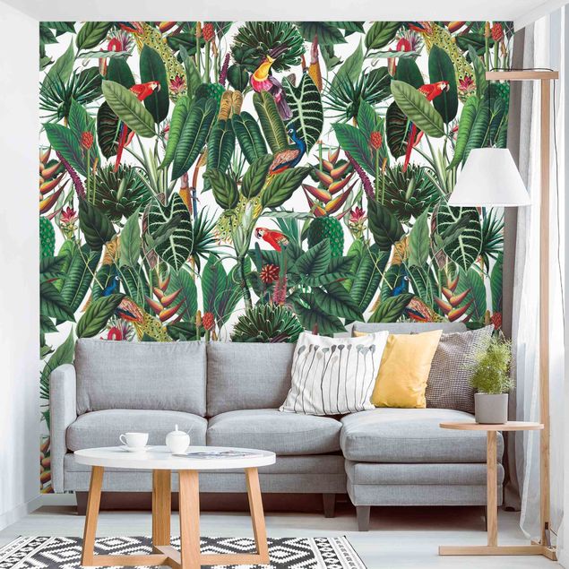 Papel pintado aves Colourful Tropical Rainforest Pattern