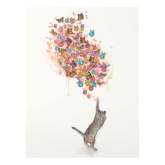 Cuadros de cristal animales Illustration Cat With Colourful Butterflies Painting