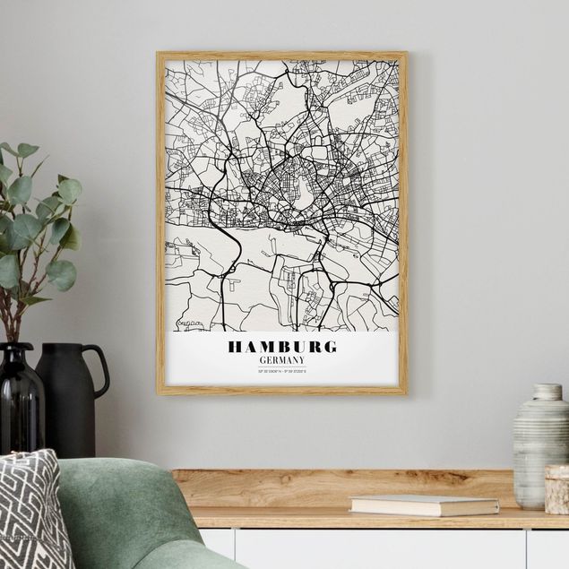 Pósters enmarcados en blanco y negro Hamburg City Map - Classic