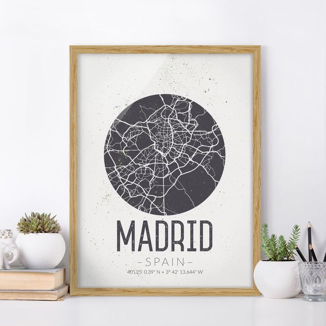Pósters enmarcados en blanco y negro Madrid City Map - Retro