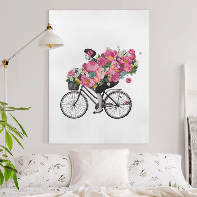Cuadros modernos Illustration Woman On Bicycle Collage Colourful Flowers
