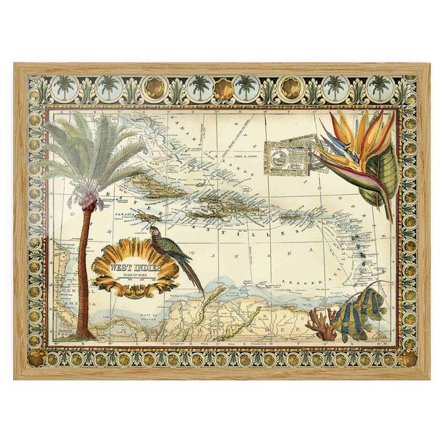 Pósters enmarcados de mapamundi Vintage Tropical Map West Indies