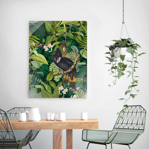 Cuadros de cristal flores Colourful Collage - Cockatoos In The Jungle