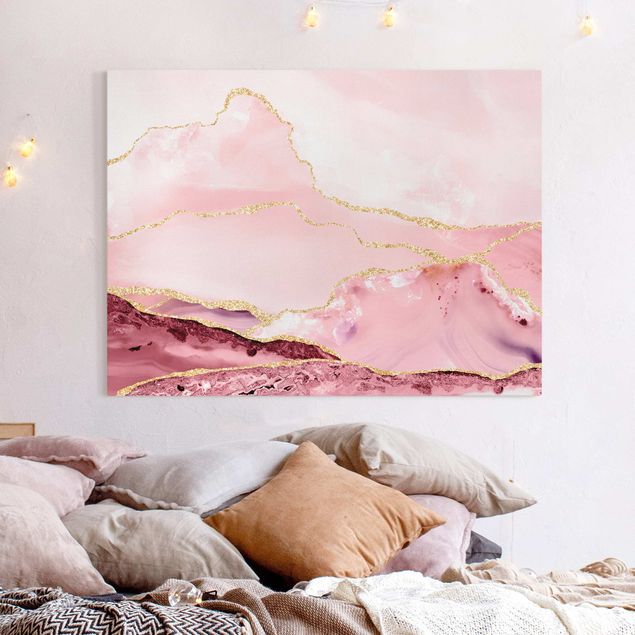 Decoración de cocinas Abstract Mountains Pink With Golden Lines
