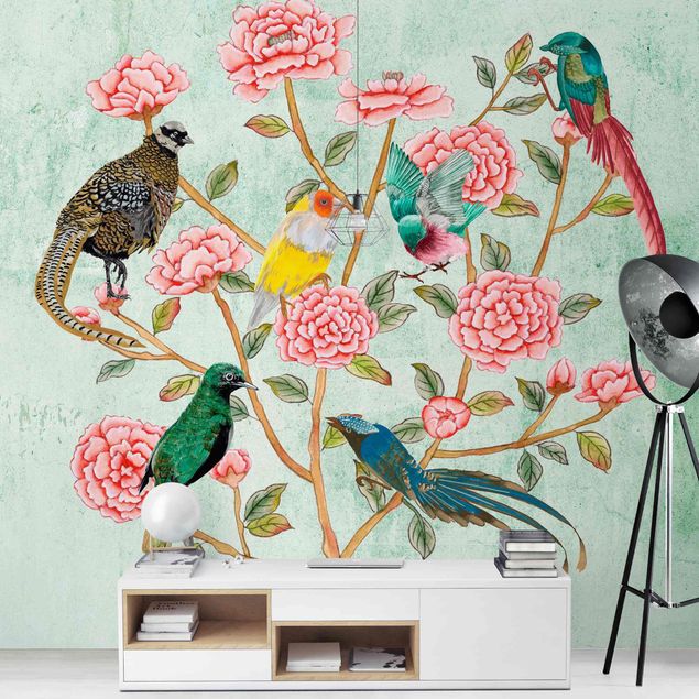 Papel pintado aves Chinoiserie Collage In Mint II