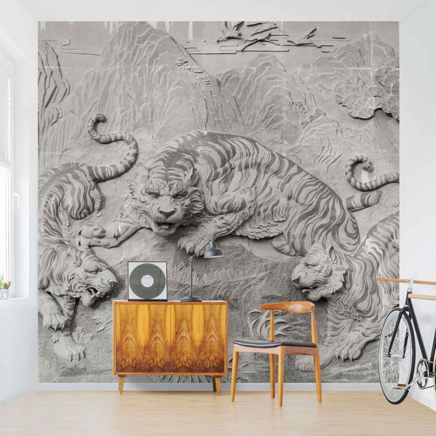 Papel 3d para pared Chinoiserie Tiger In Stone Look