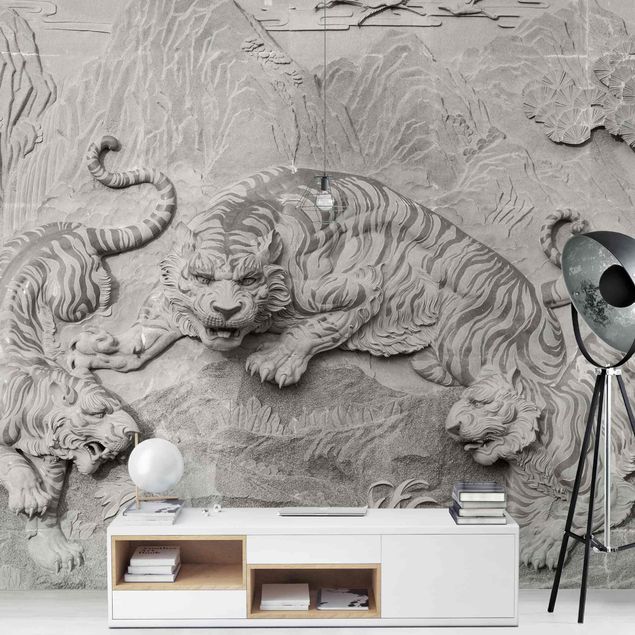 Papel pintado estilo industrial Chinoiserie Tiger In Stone Look