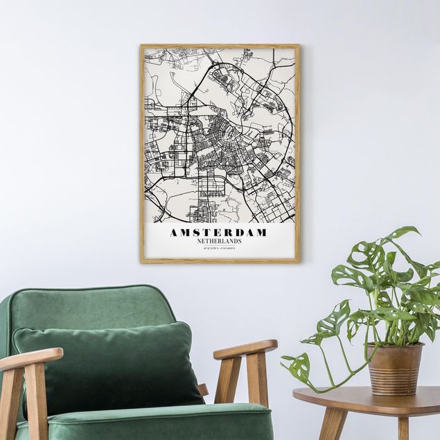 Pósters enmarcados en blanco y negro Amsterdam City Map - Classic