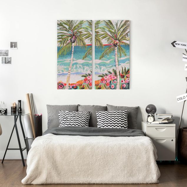 Lienzos paisajes Palm Tree With Pink Flowers Set I