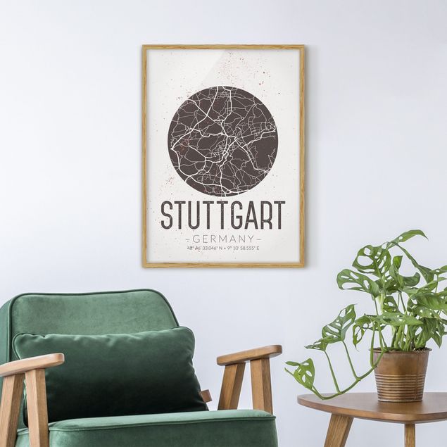 Pósters enmarcados en blanco y negro Stuttgart City Map - Retro